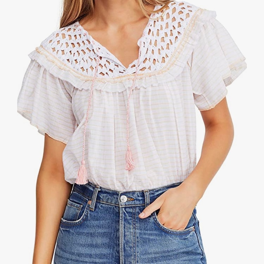 Allora top: crochet detail, tassel tie strings. Did not return on time